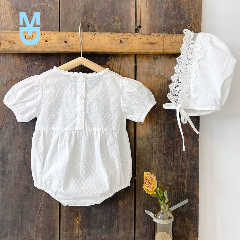 

New Korean Style Summer Baby Girls Clothes Solid Embroidery Cotton Infant Baby Girls Jumpsuit Toddler Baby Girl Romper+Hat