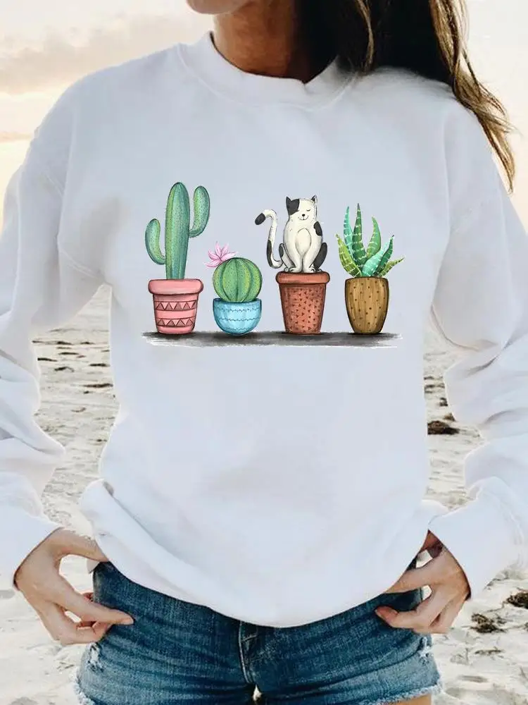

Women Print Female Cat Plant Love Animal 90s Clothing Pullovers Autumn Spring Fashion Casual Long Sleeve Graphic Sweatshirts