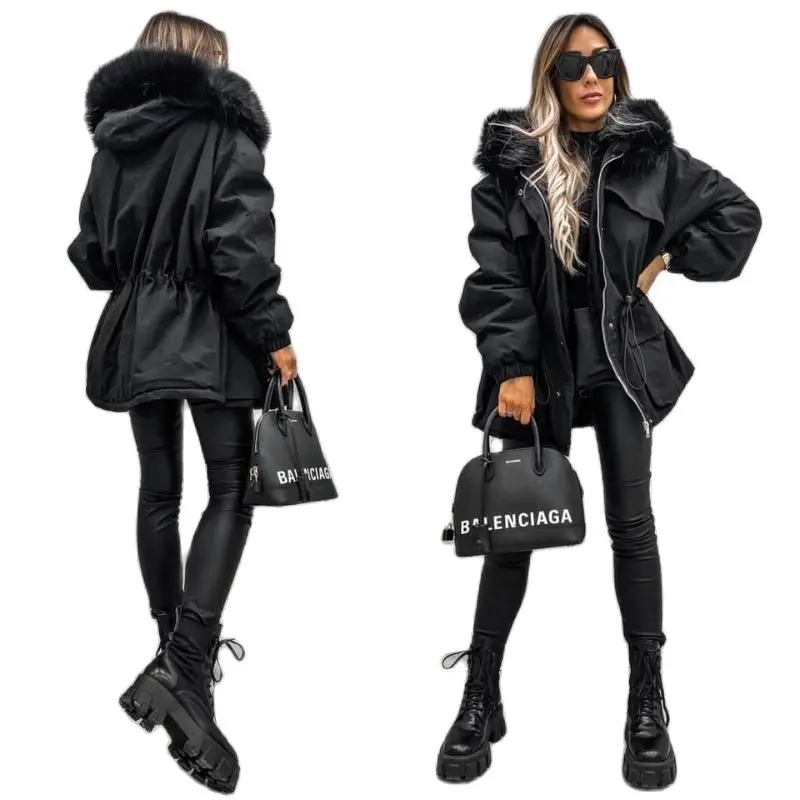 Autumn Winter Women's Parkas High Street Style Long Slim Fur Collar Thick Trendy Overcome Solid Color Hood Coat Jacket