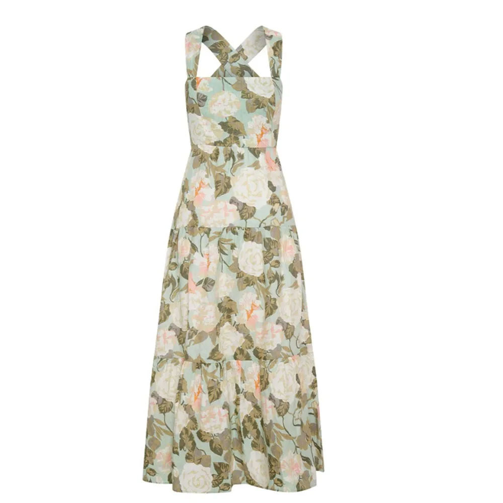 

2022 Women's Summer New Sling Print Dress Fashion Slim High Waist Layered Folding Holiday Midi Skirt