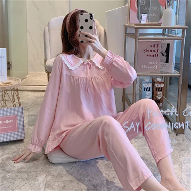 Pink Pajamas Set Sweet Sleepwear For Women Elastic Soft Pyjama Women's Autumn 2022 Fashion Homewear Clothes Big Size
