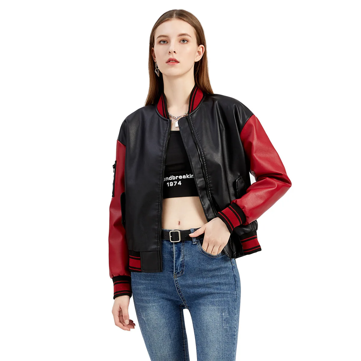 

2021 Spring and Autumn Color Interlocking Leather Women's Casual Baseball Uniform Loose Ladies Jacket Spring and Autumn Jacket