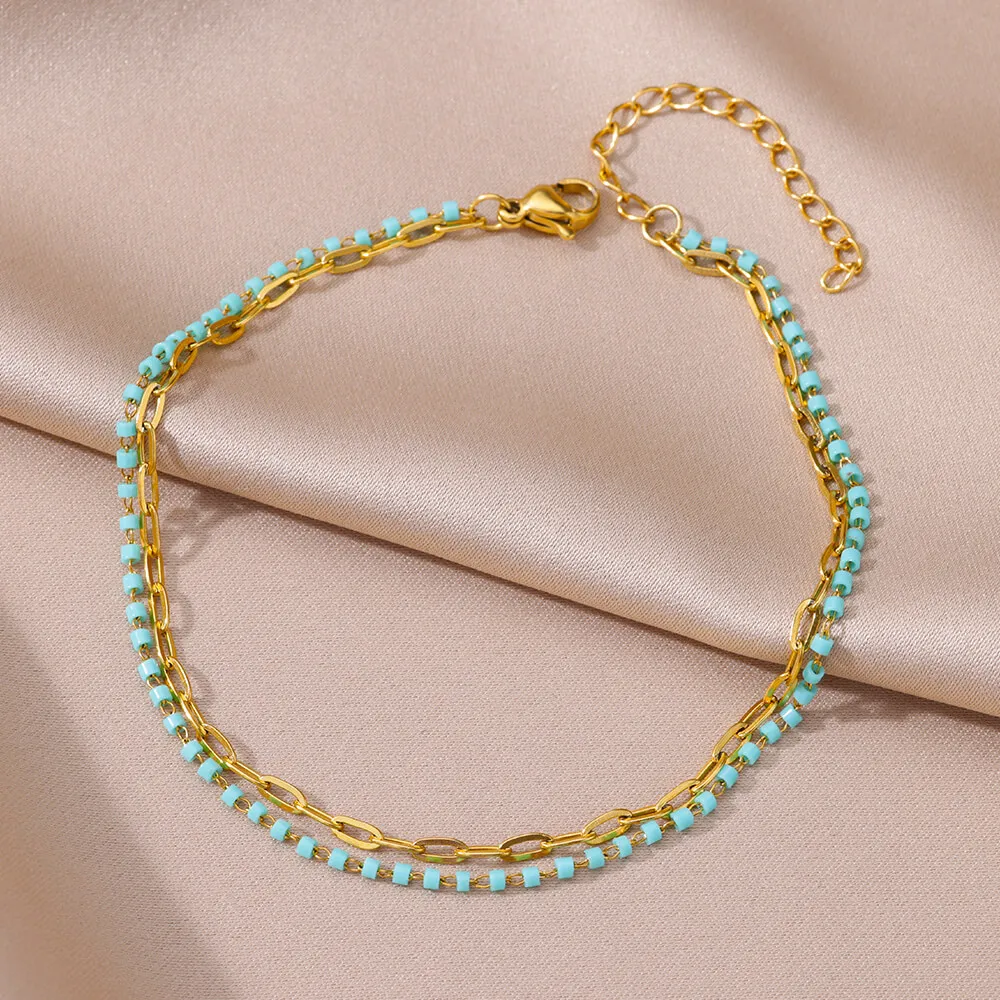 

Green Beads Double Layer Anklets For Women Gold Color Stainless Steel Ankle Bracelet Female Foot Chain Jewelry Free Shipping