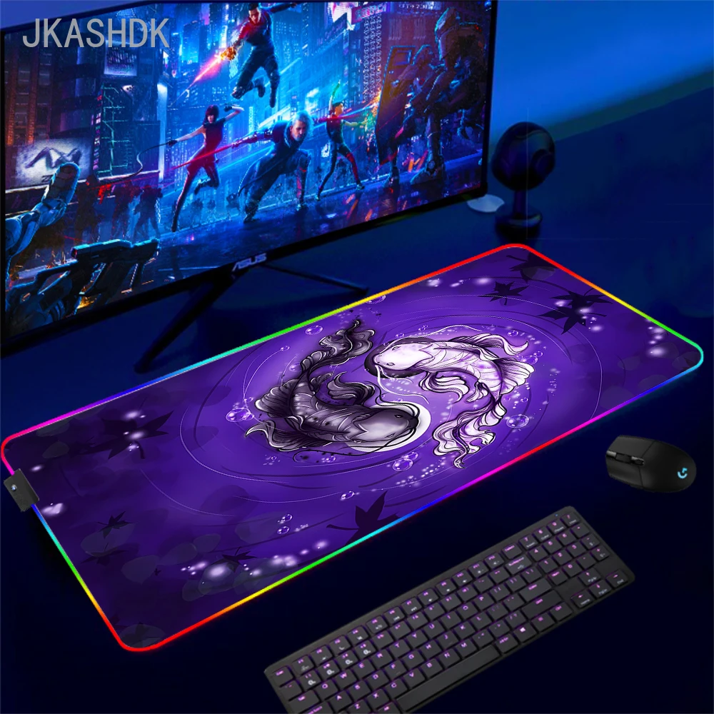 Большой коврик для мыши RGB Koi Fish Gaming Mousepad Светодиодный Коврики геймерской Инь Ян
