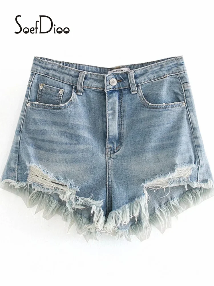 Soefdioo Casual High Waisted Denim Shorts Women Clothes Summer 2022 Fashion Ripped Rough Selvedge Short Jeans Sexy Streetwear