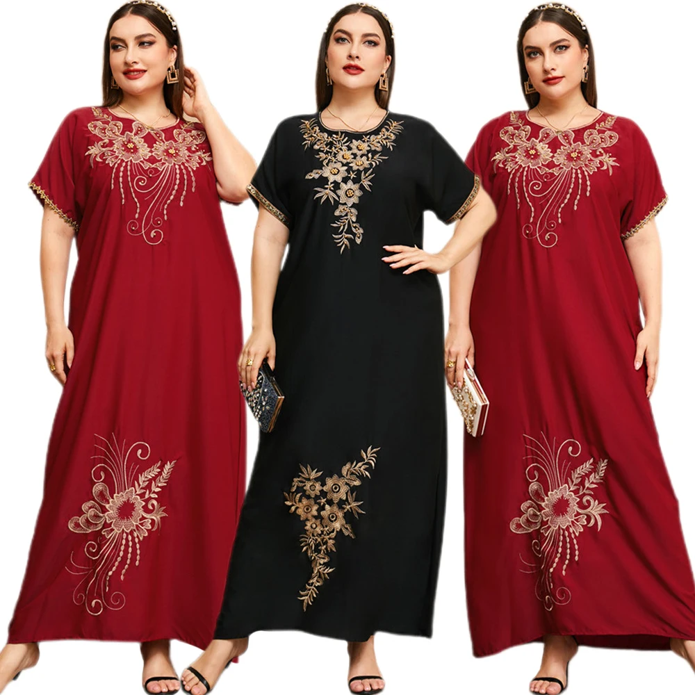 

Summer Muslim Embroidery Women Long Maxi Dress Kaftan Beads Caftan Dubai Turkey Abaya Short Sleeve Arabic Robe Islamic Plus Size