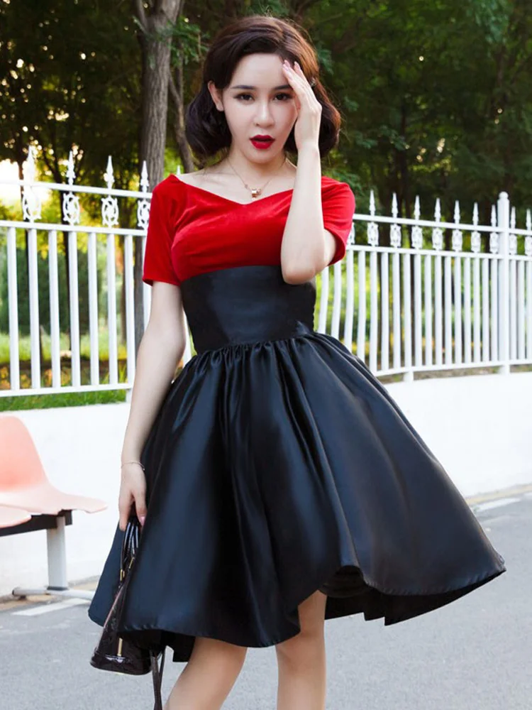 Retro Temperament Sexy Pleated Skirt Pocket Hepburn Umbrella Skirts Women High Waist Puffy Large Swing A-line Red Pink Black