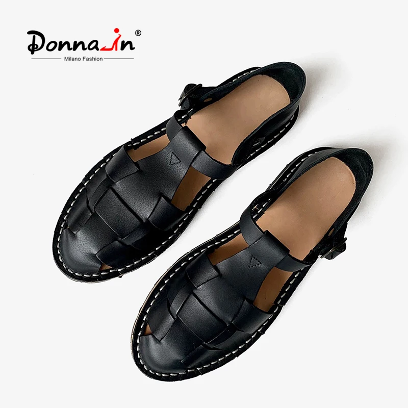 

Donna-in Women Roman Hollow Black Flat Shoes Handmade Weave Luxury Calf Leather Sandals Female Top Quality Vera Pelle Sole