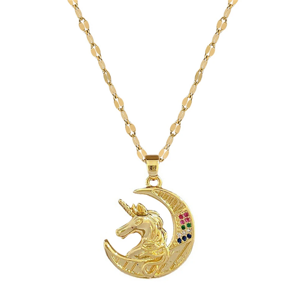 

PTQASP Delicate Colorful Rhinestone Fantasy Moon Unicorn Pendant Necklace Fashion Party Jewelry Sweet Girls Accessories Gifts