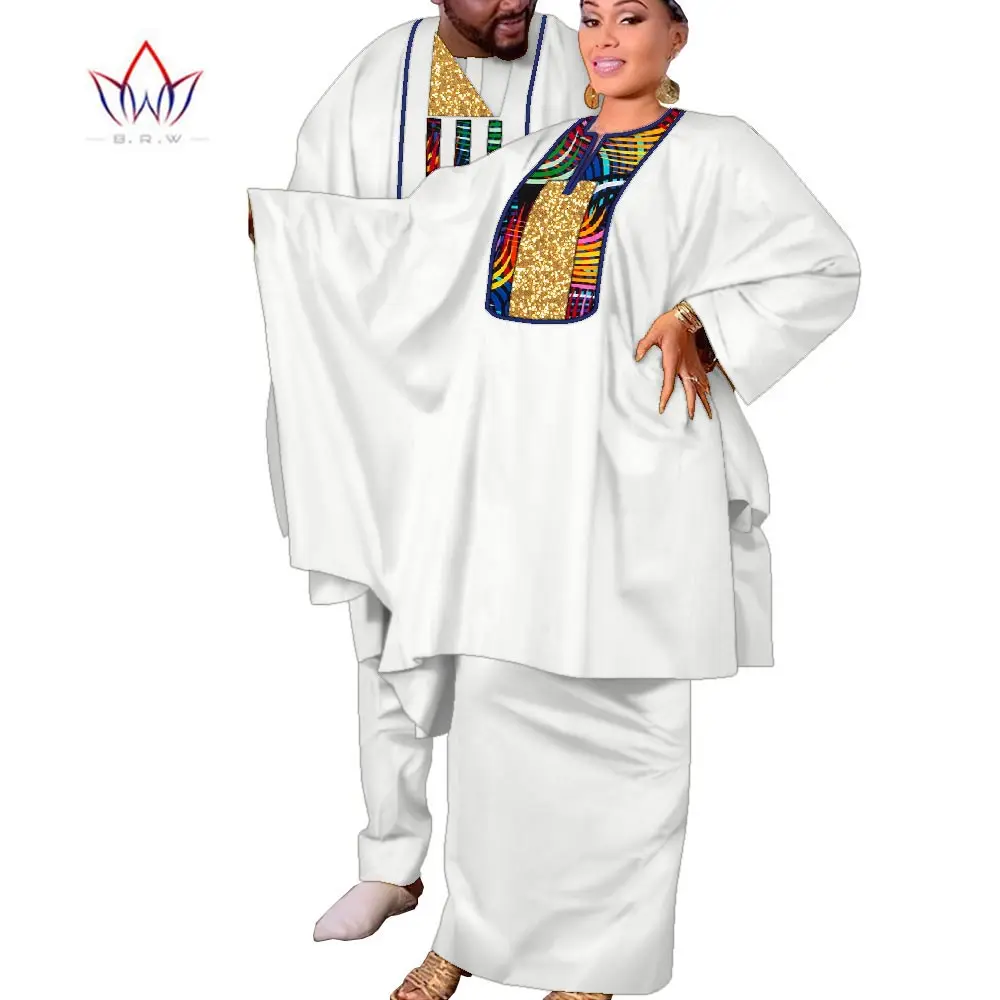 African Couple Party Long Robe Skirts Suits for Women Riche Men Print Robe Shirt with Trousers Sets Wedding Clothing WYQ1017