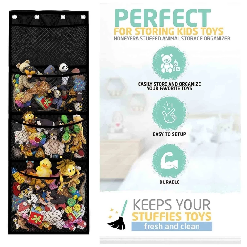 

Stuffed Animal Storage Bag Black Multipurpose Hanging Organizer Pouch for Home Bedroom Dormitory Decoration Bags