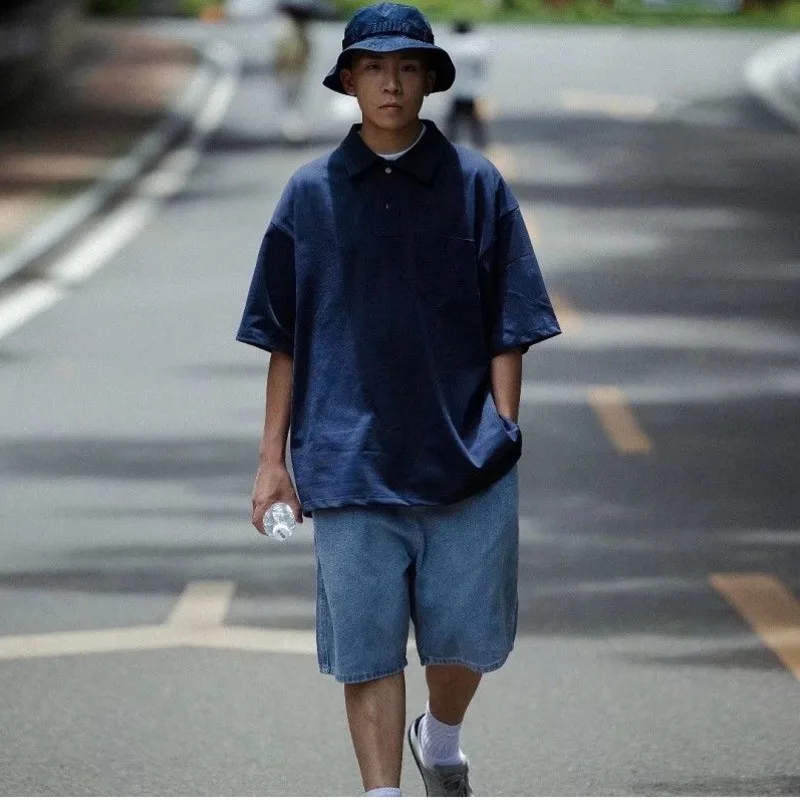 

Summer Blue Denim Shorts Men Fashion Casual Straight Denim Shorts Mens Japanese Streetwear Hip Hop Loose Jeans Shorts Men M-3XL