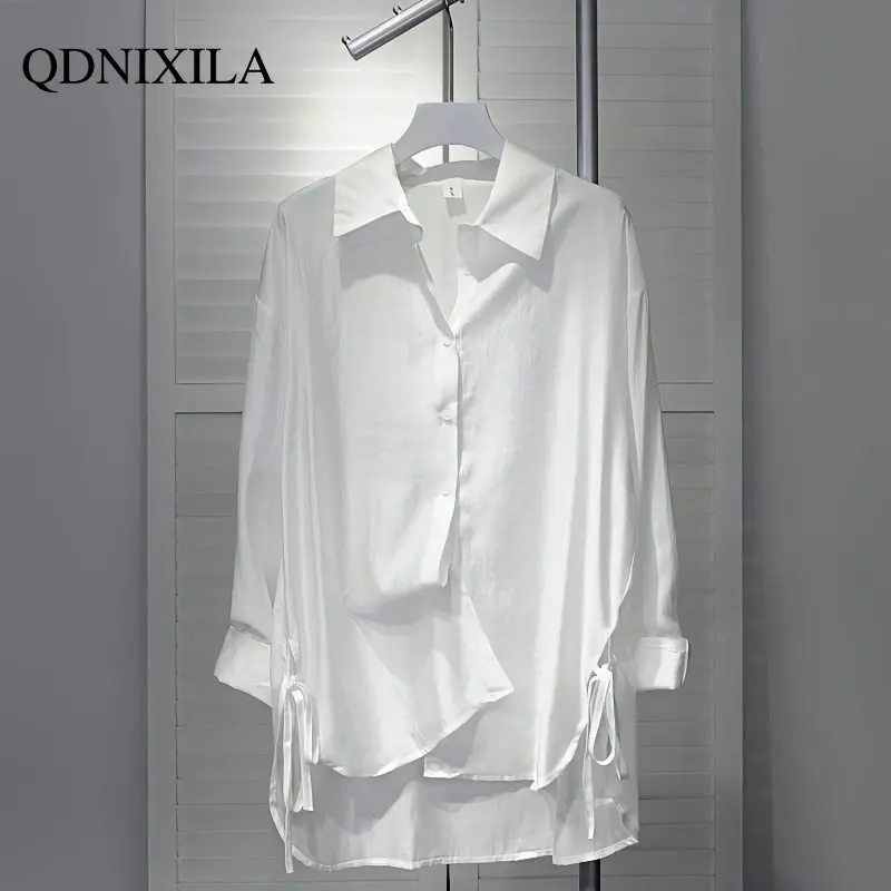 

Women's Blouse White Shirt Loose Slouch Style Long Sleeve Oversized Shirt Lace-up Design Drape Breathable Thin Coat Top Women
