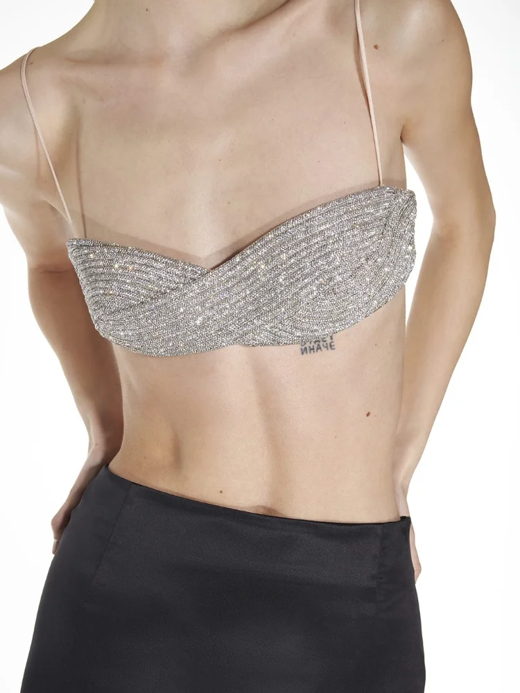 

Женский короткий топ без рукавов, однотонный облегающий бюстгальтер со стразами, лето 2023