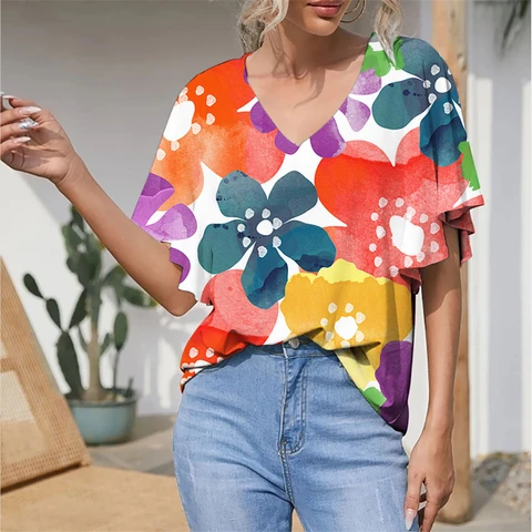 Summer T-shirt Women 3D Floral Print V-neck Short Sleeve Top Fashion Everyday Harajuku T Shirt Plus Size Tee Women's Y2k Clothes