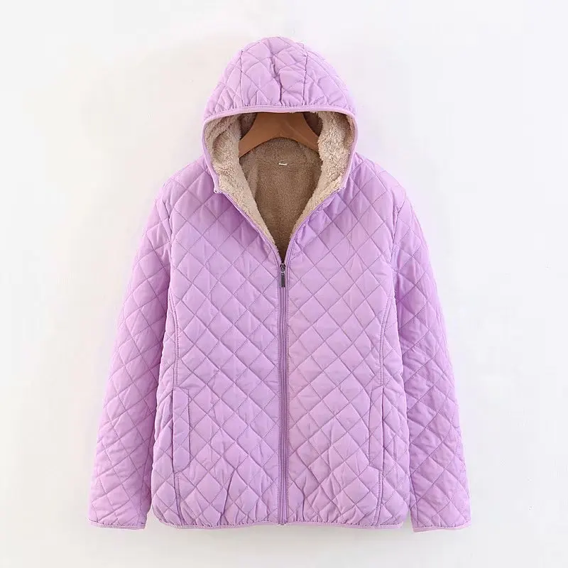 2022 Autumn and Winter New Plaid Embroidered Short Padded Jacket Plus Velvet Thick Lamb Wool Padded Jacket