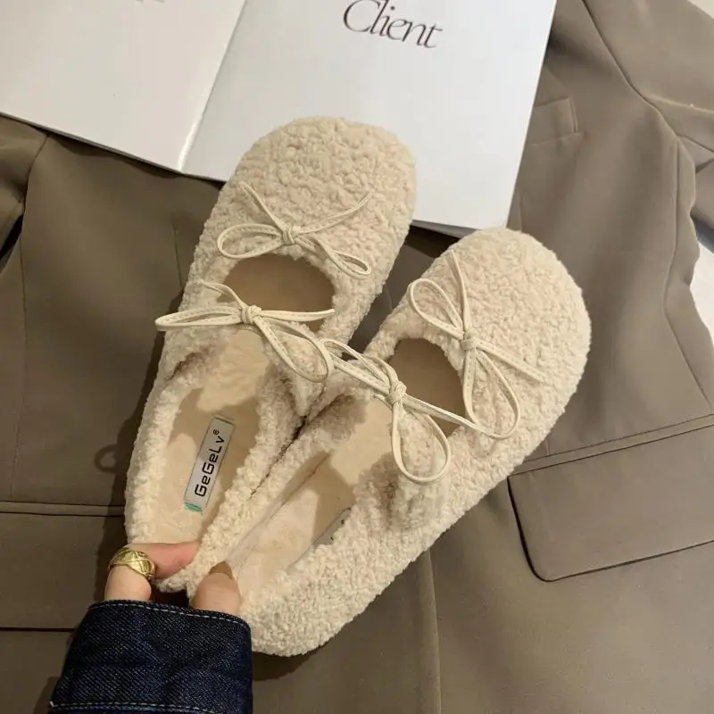

Lambswool Women's Winter Clothing 2021 New Korean Flat Mary Jane Single Shoes Peas Shoes Women Plus Velvet Cotton Shoes