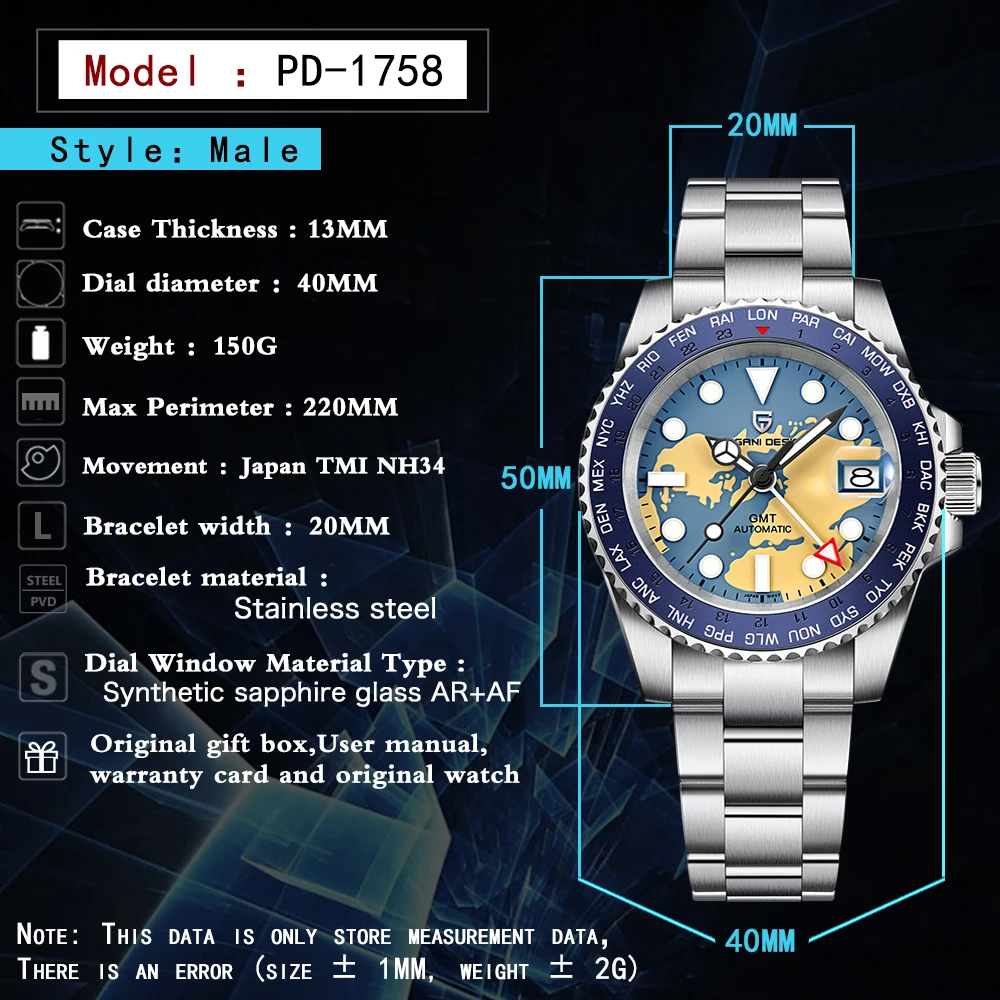 Часы наручные PAGANI DESIGN GMT NH34 Мужские механические Роскошные водонепроницаемые