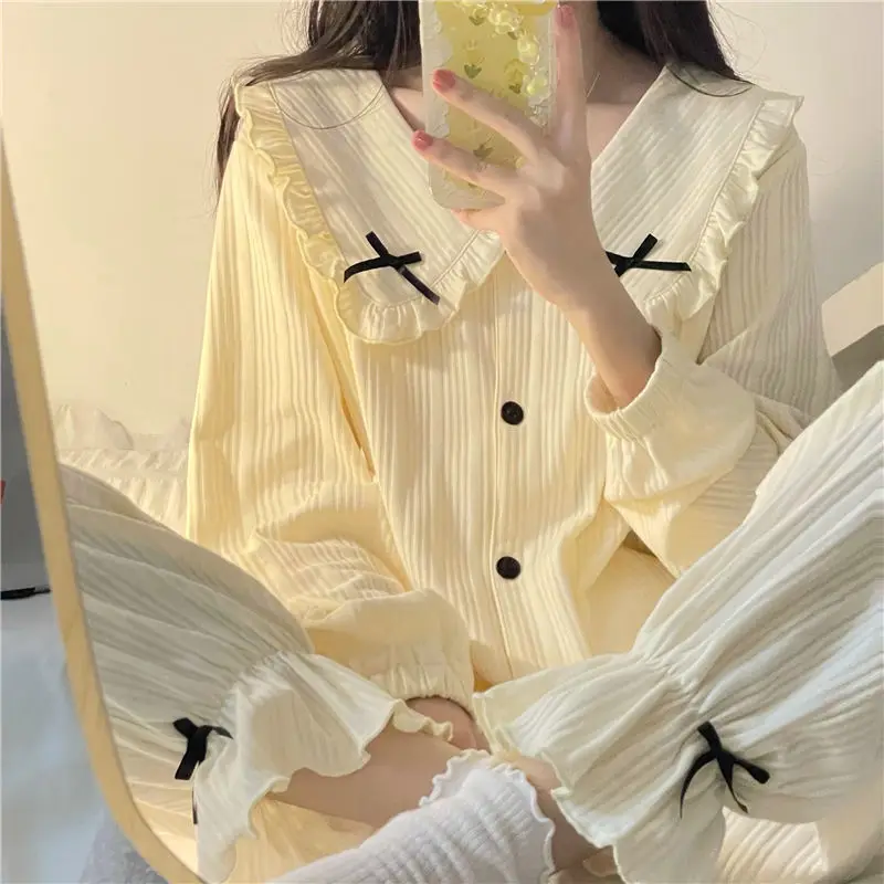 Korean Sweet Doll Collar Pajamas Women New Long Sleeve Top + Pant Suit Spring Autumn Female Sleepwear Set Pyjama Pour Femme