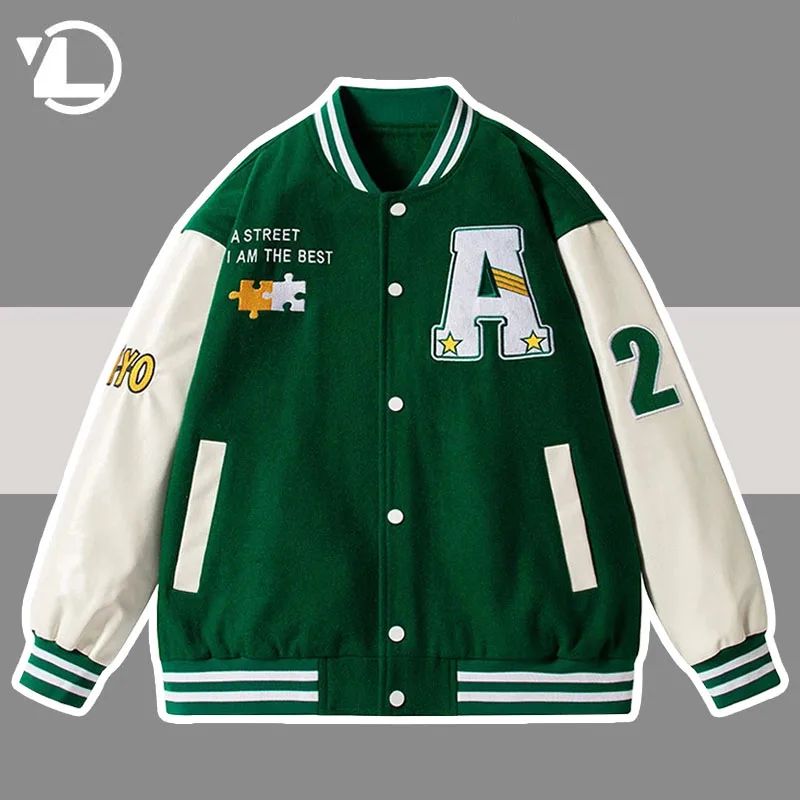 Hip Hop Varsity Jacket Men Harajuku Puzzle Letter Embroidery Baseball Jackets Green PU Leather Oversized College Coat Streetwear