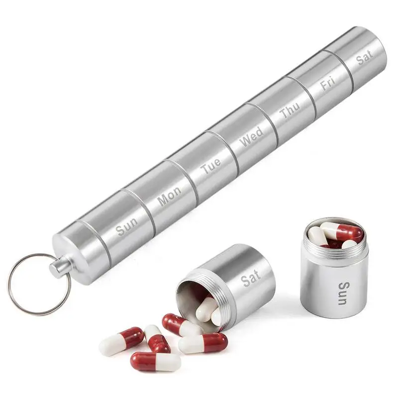 

Контейнер для таблеток 7 дней, портативный контейнер для таблеток из алюминиевого сплава, чехол для таблеток с брелоком, водонепроницаемый и большой отсек для хранения таблеток, рыбы