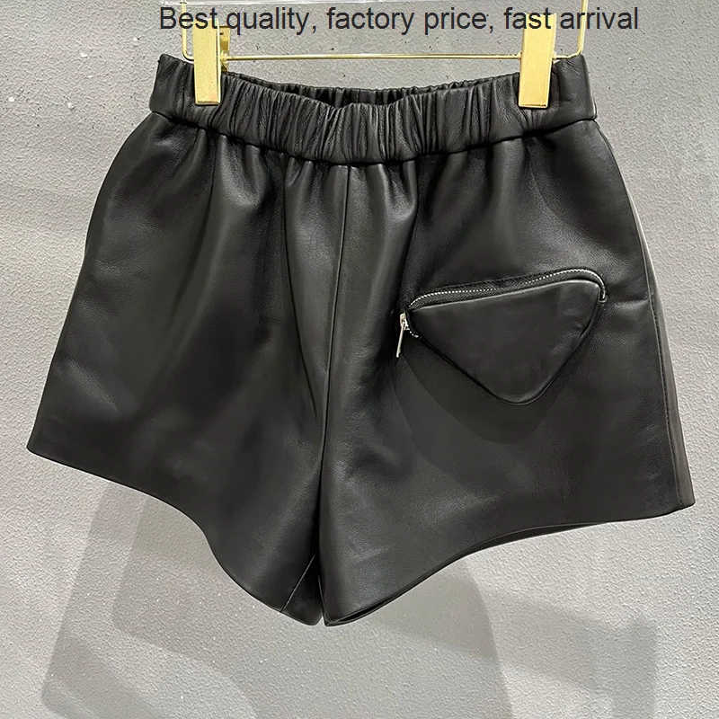 quality luxury brand 22 Runway Vintage Genuine Leather Women Fashion Triangle Pocket High Waist Wid-Leg Shorts Lady Sexy Sheepsk