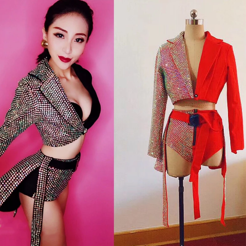

High-Waist Shorts Women Pole Dance Clothing Stage Group Show Outfit Clubwear Jazz Costumes Multicolor Full Diamond Suit