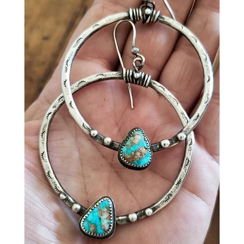 

Ethnic Water Droplets Blue Green Stone Earrings for Women Bohemian Metal Round Carving Round Dangle Earrings Vintage Jewelry