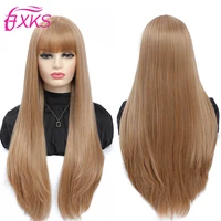 brown long straight synthetic wigs with bangs pink light blue silver color synthetic hair wigs 260gram 28inch for daily use fxks