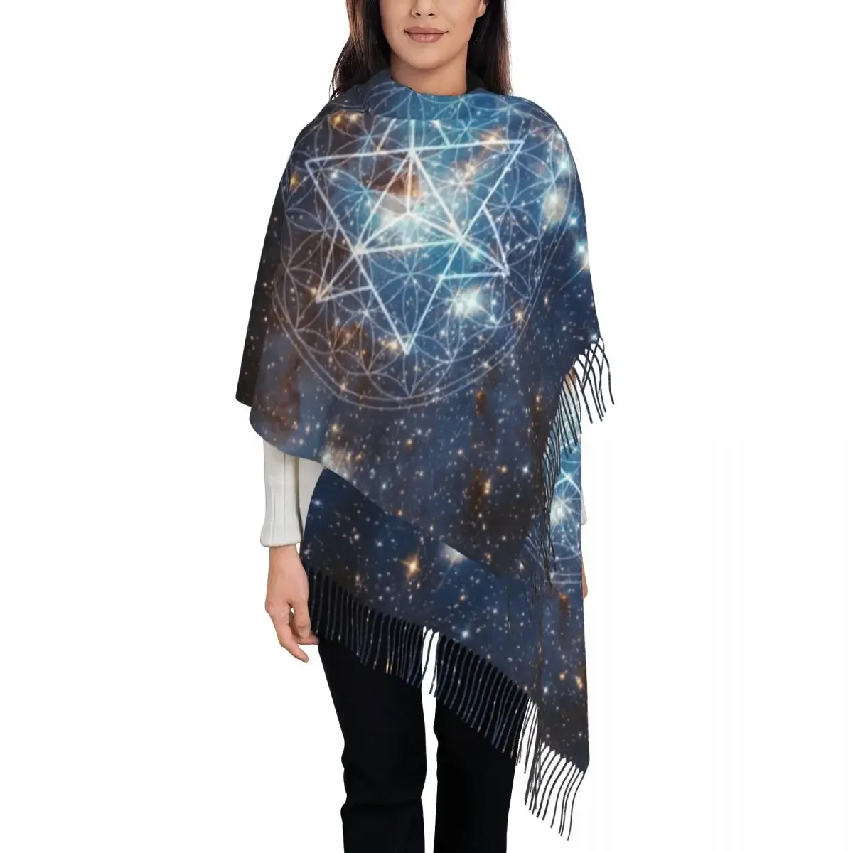 

Merkaba In Flower Of Life Scarf Wrap Women Long Winter Fall Warm Tassel Shawl Unisex Sacred Geometry Geometric Space Scarves