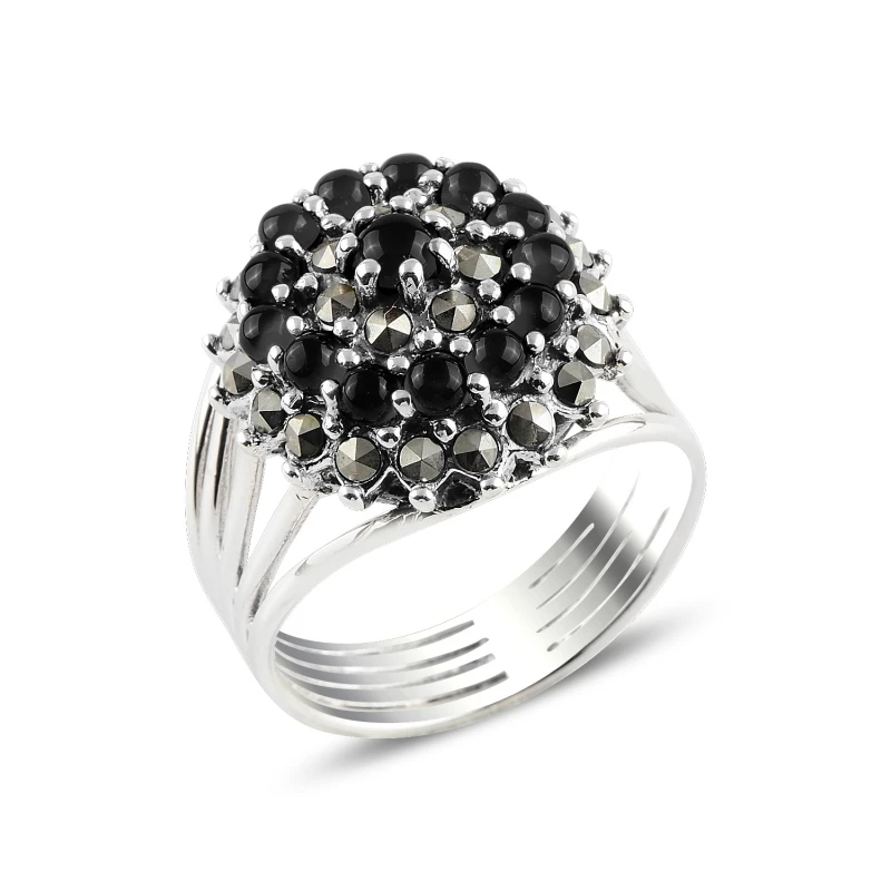 Silver 925 Sterling Onyx & Marcasite Ring