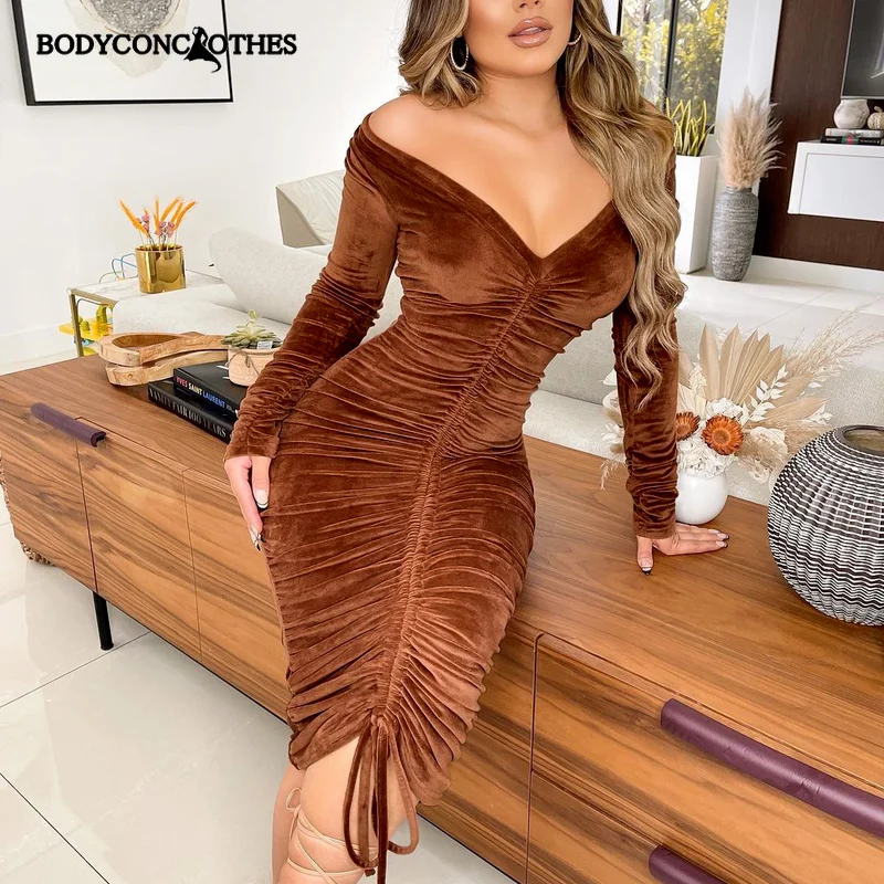 

Bodyconclothes 2022 Sexy Female Elegant Party Dress V-neck Clothing Off Shoulder Velvet Dresses Pleated Women's Evening Dress