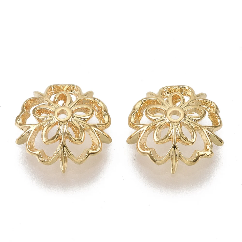 

10PCS 5-Petal Brass Fancy Bead Caps Long-Lasting Plated Nickel Free Flower Real 18K Gold Plated 9.5x3mm Hole: 1mm