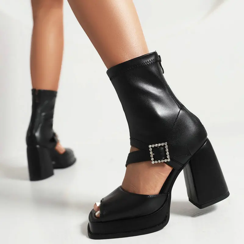Gothic Black Ninja Sandals Women Summer 2023 Platform Shoes Peep Toe Fashion High Heels White Crystal Buckle Zipper Ankle Boots