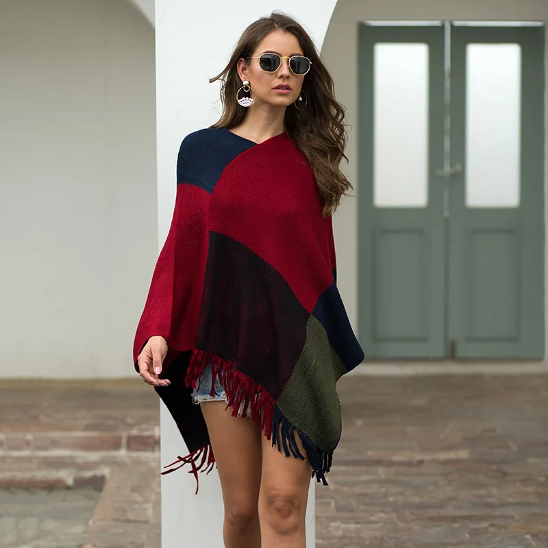 

V Neck Cloak Tassel Color Matching Coat 2022 Autumn Winter New Women's Clothing Retro Pullover Shawl Cloak Urban Leisure Fashion