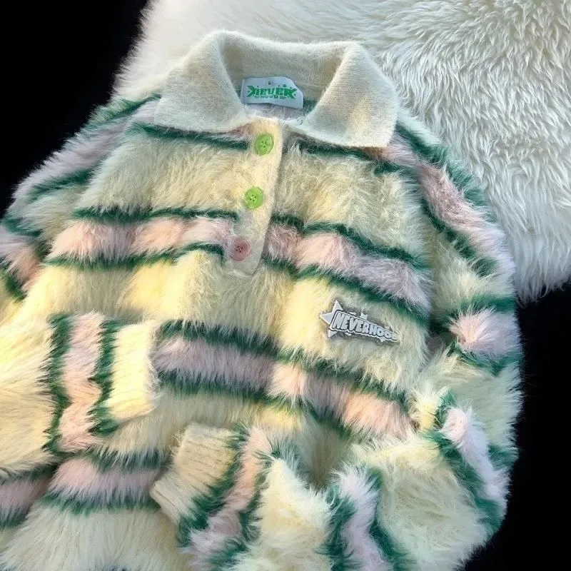 

Japanese Sweater Women Clothing Vintage Furry Sueter Mujer Knitted Striped Sweet Jumper Fashion Knit Oversized Pullovers Tops
