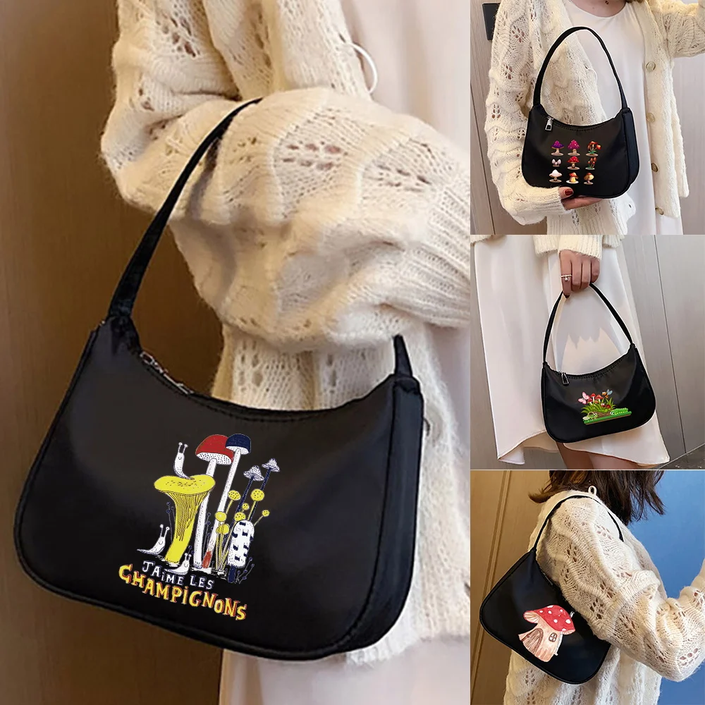 

Fashion Women's Bag Commuter Shoulder Bag Handbag Cartoon Mushroom Pattern Print Fashion Underarm Bag Black Cosmetic Bag