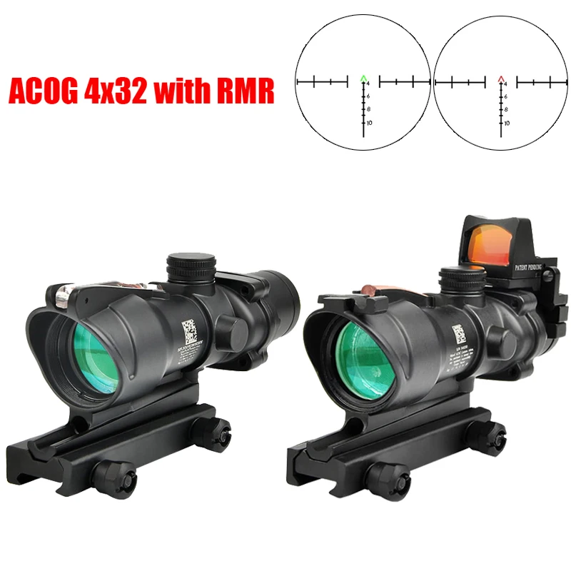 

ACOG 4X32 With RMR Real Fiber Optics Red Green Dot Illuminated Chevron Glass Etched Reticle Tactical Optical Scope Hunting Sight