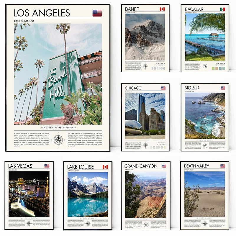 Постеры для путешествий Бакар Биг-Сур Чикаго озеро Луиза Мэн Северная Америка