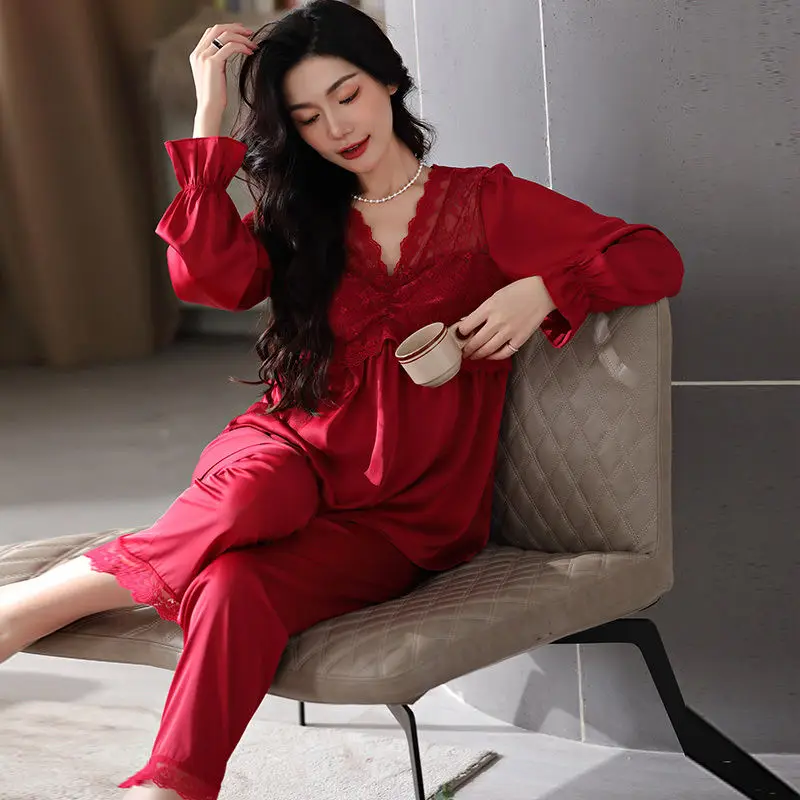 1 Spring and autumn couple pajamas Women's silk long-sleeved summer home wear Men's ice thin large suit
