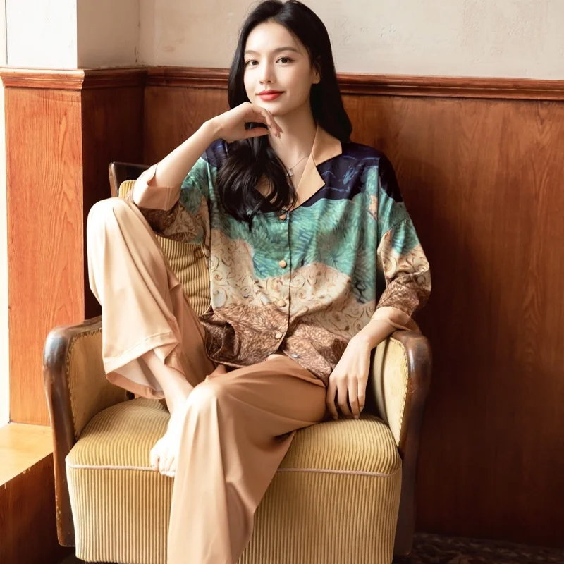 Lisacmvpnel Ice Silk Printed Pajamas For Women Spring New 2023 Cardigan Long Sleeve Housewear Two-piece Set Pyjamas