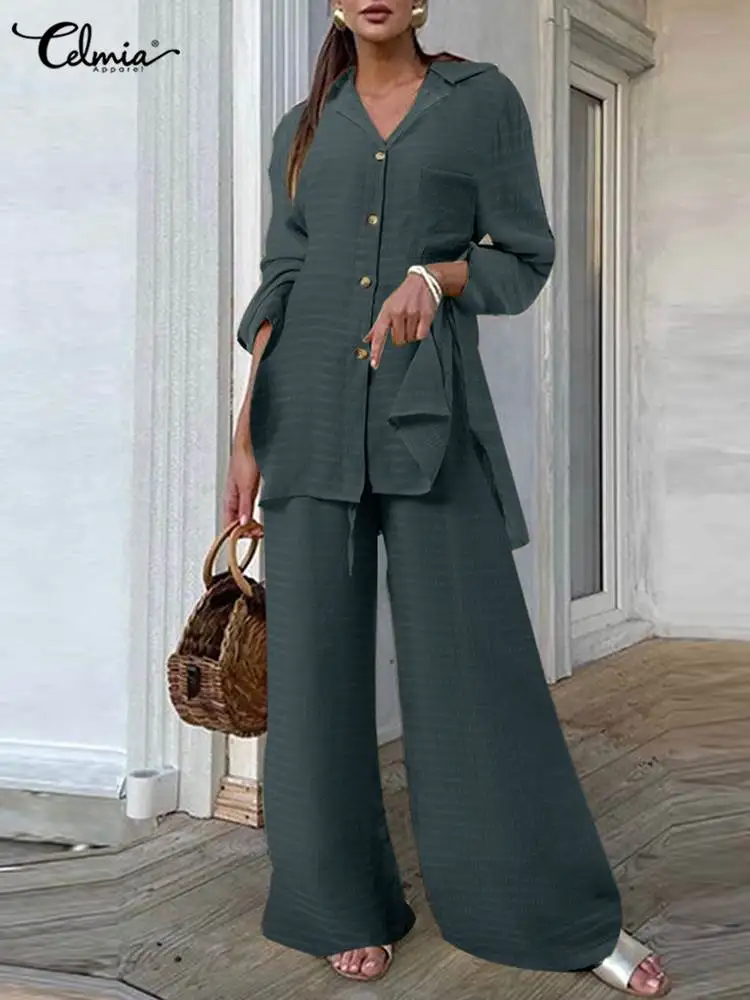 Celmia Women 2 PCS Sets Solid Fashion Lapel Collar Long Sleeves Shirt and Wide Leg Long Pant Sets Casual Loose Pocket Slit Suit