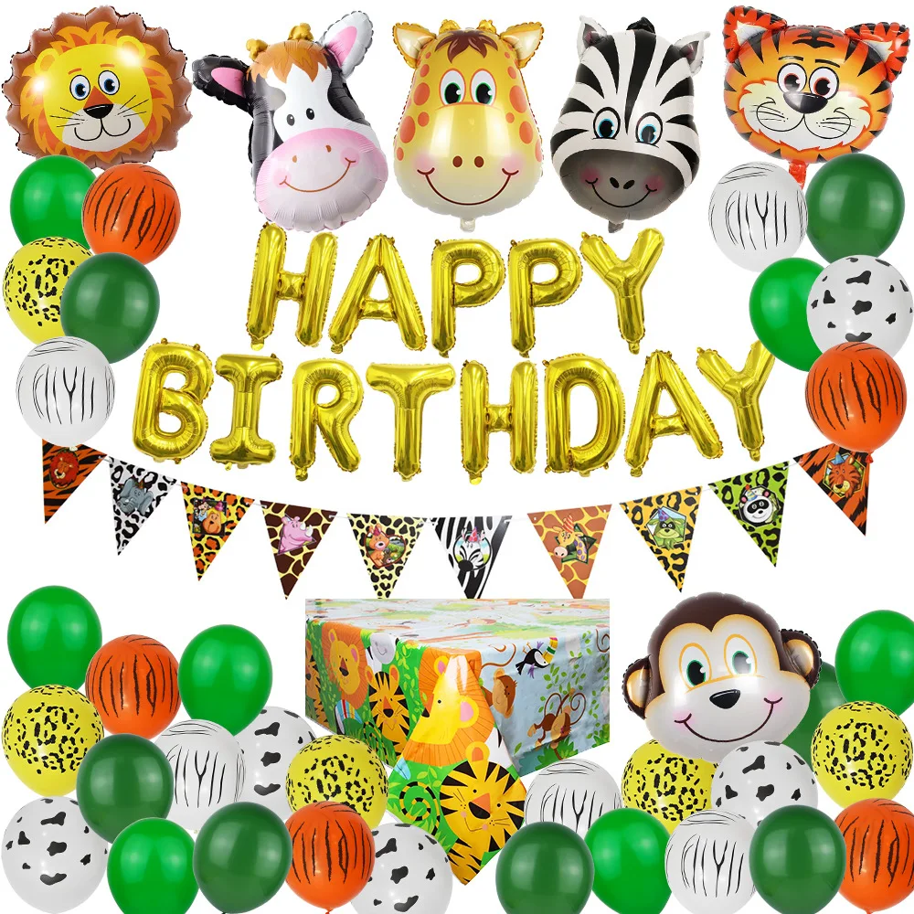 

Balloons Set Birthday Party Wedding Backdrop Decor Supplies Jungle Animals Theme Tablecloth Banner Festival Atmosphere Layout