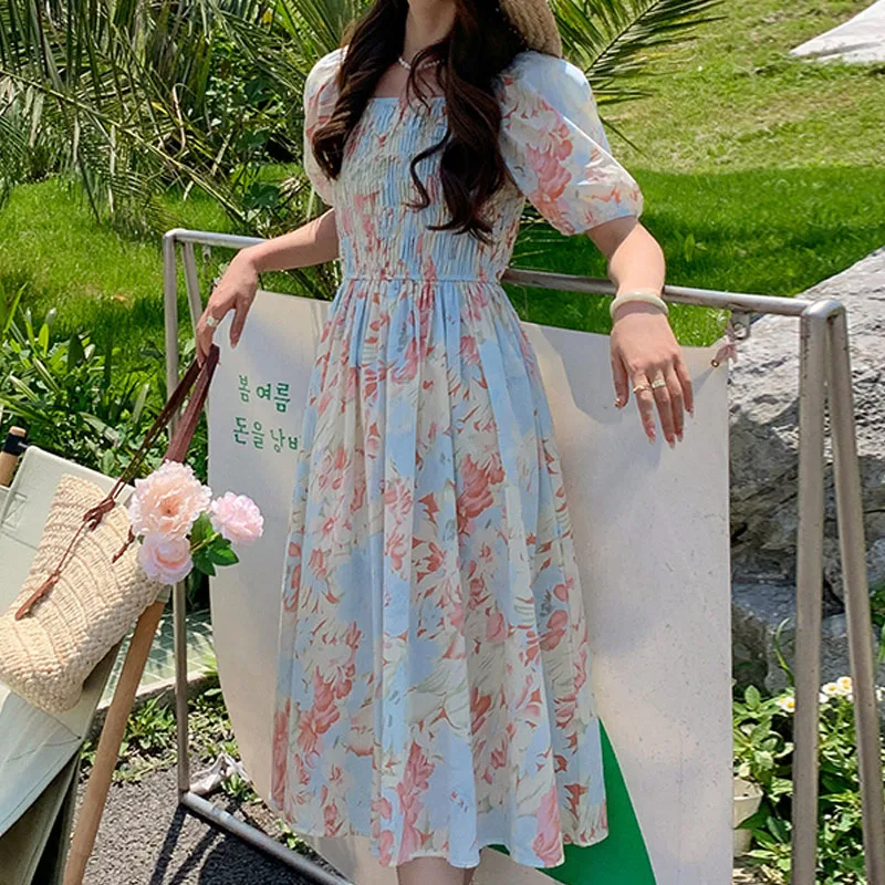 

Summer of 2022 Dresses Women French Style Short Sleeve Vestidos Elegantes Para Mujer Chiffon Puff Sleeve Slash Neck Sweet 2934