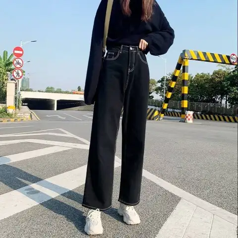 Jeans Women All-match Korean Style Mopping Trousers Denim Vintage Black Solid High Waist Baggy summer Loose Wide Leg Trousers