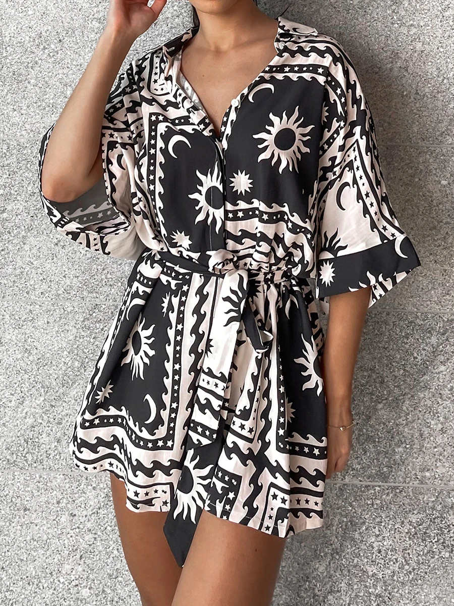 Женский Летний комбинезон с рубашкой и шортами принтом в виде