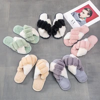 warm fluffy slippers women cozy candy color faux fur cross indoor floor slides flat soft furry shoes ladies female flip flops