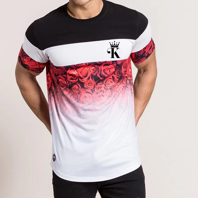 

Men's Fashion Poker King Rose Print Short Sleeve T-Shirt Tricolor Splicing Casual Men's Short Sleeve Summer TOP