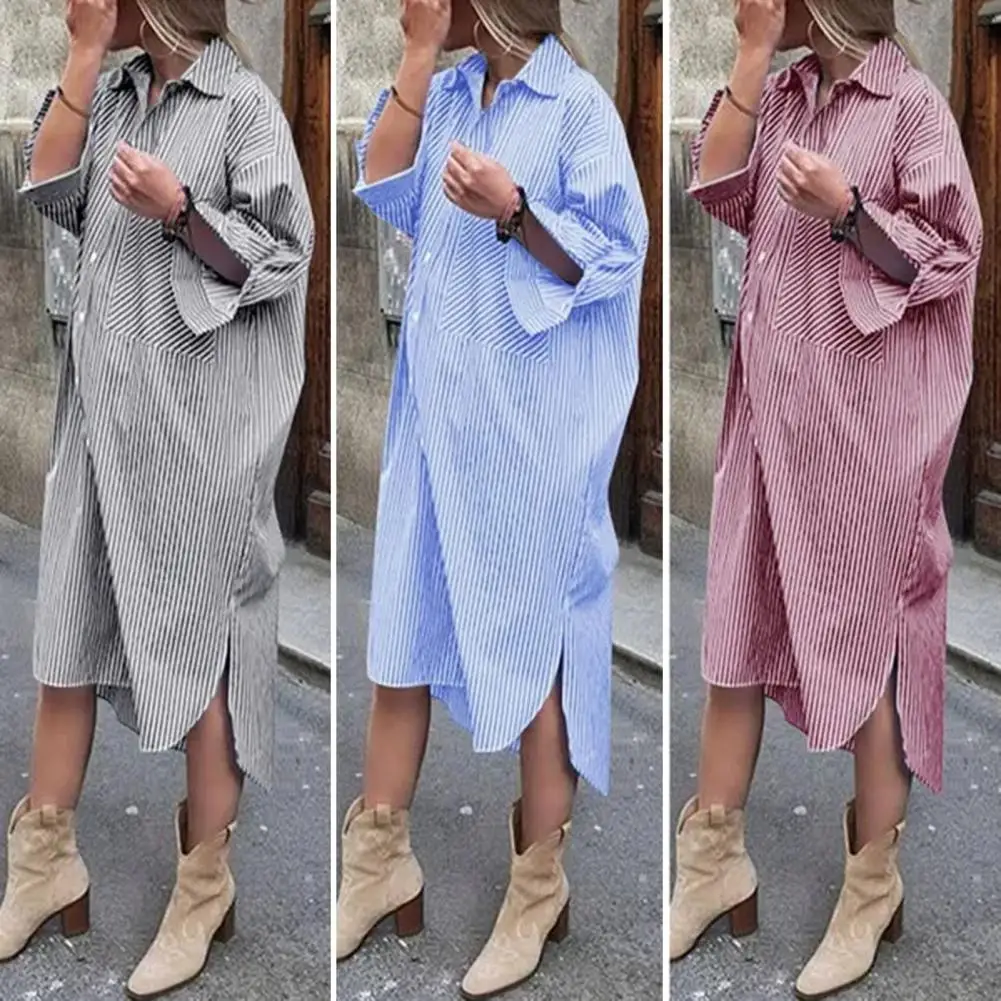 Long Sleeve Patch Pocket Single Breasted Side Split Hem Women Dress Striped Print Lapel Loose Autumn Midi Shirt Dress Streetwear