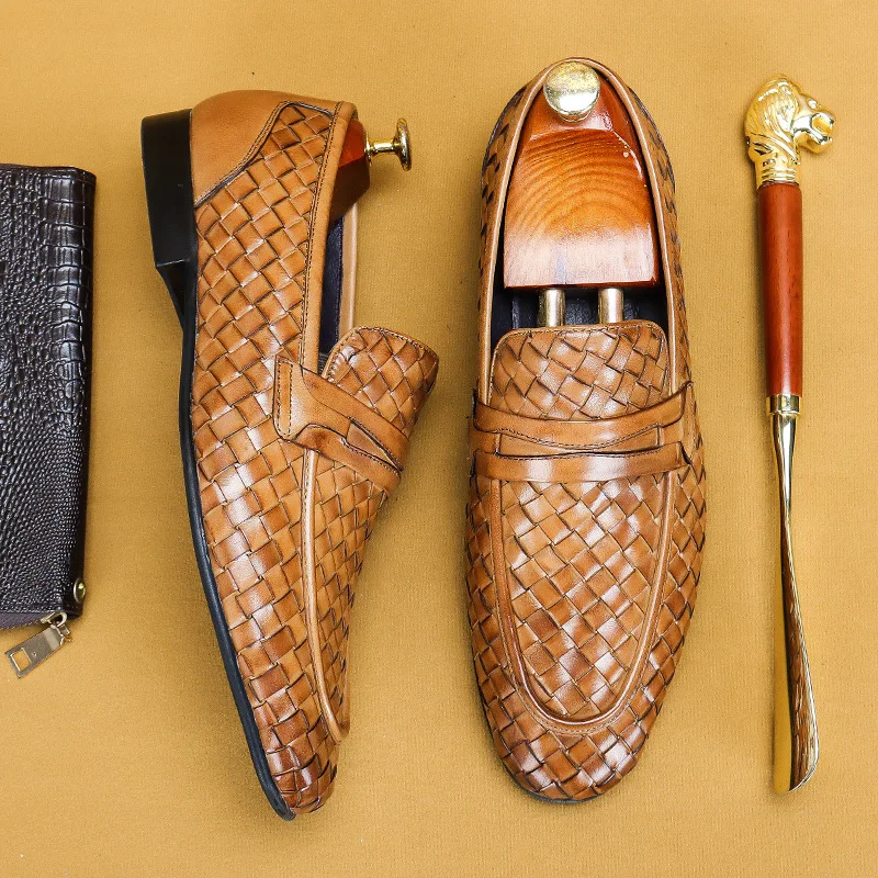 

New Men Genuine Leather Dress Shoes High Quality Casual Weave Fashion Loafers Men Black Luxury Italian Male Footwear Formal Shoe
